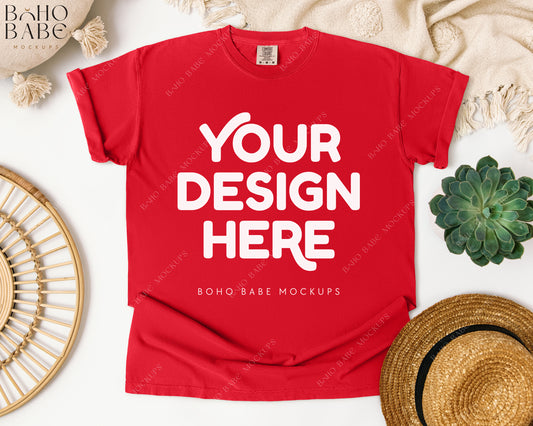 Comfort Colors 1717 RED T-shirt Mockup | Boho Babe Flatlay Mockup Design Vol.1
