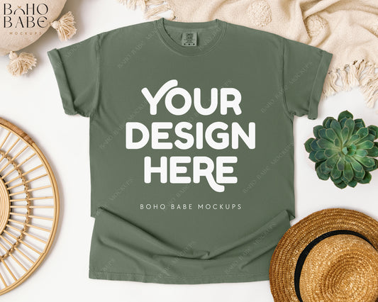 Comfort Colors 1717 SAGE T-shirt Mockup | Boho Babe Flatlay Mockup Design Vol.1