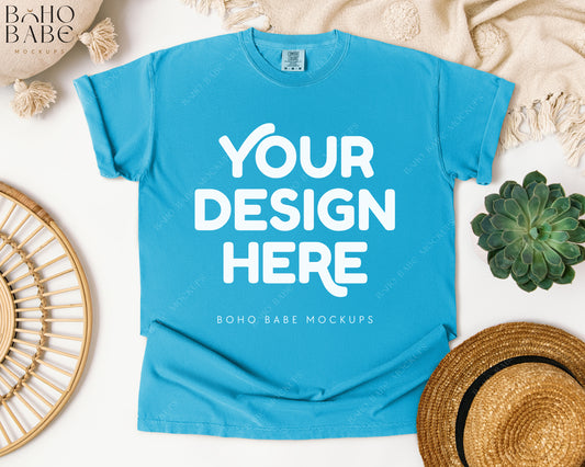 Comfort Colors 1717 SAPPHIRE T-shirt Mockup | Boho Babe Flatlay Mockup Design Vol.1