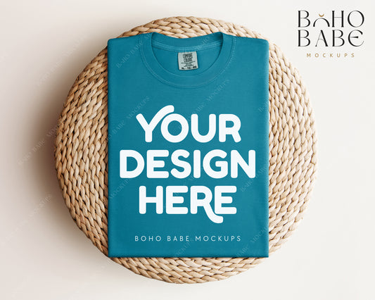 Comfort Colors 1717 TOPAZ BLUE T-shirt Mockup | Boho Babe Folded Mockup Design Vol.1