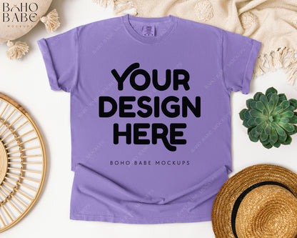 Comfort Colors 1717 VIOLET T-shirt Mockup | Boho Babe Flatlay Mockup Design Vol.1