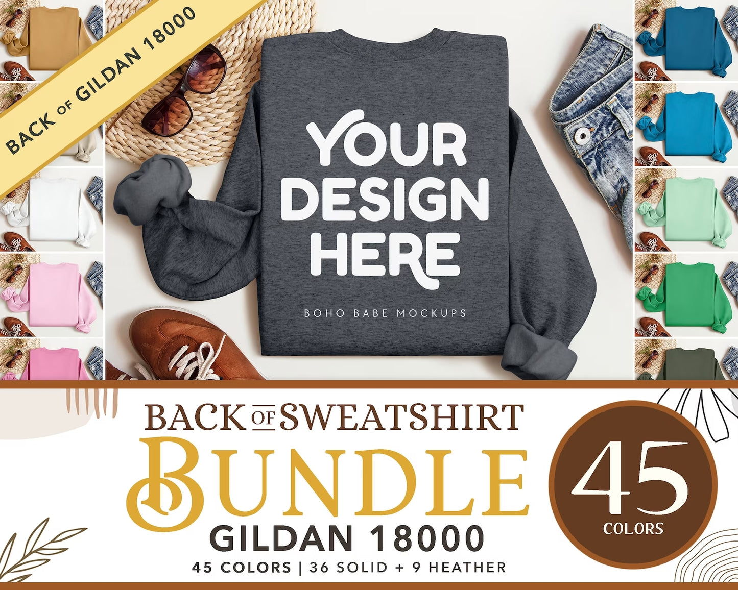 Gildan 18000 Back of Sweatshirt Mockup Bundle | Boho Babe Folded Mockup Design - Vol.2