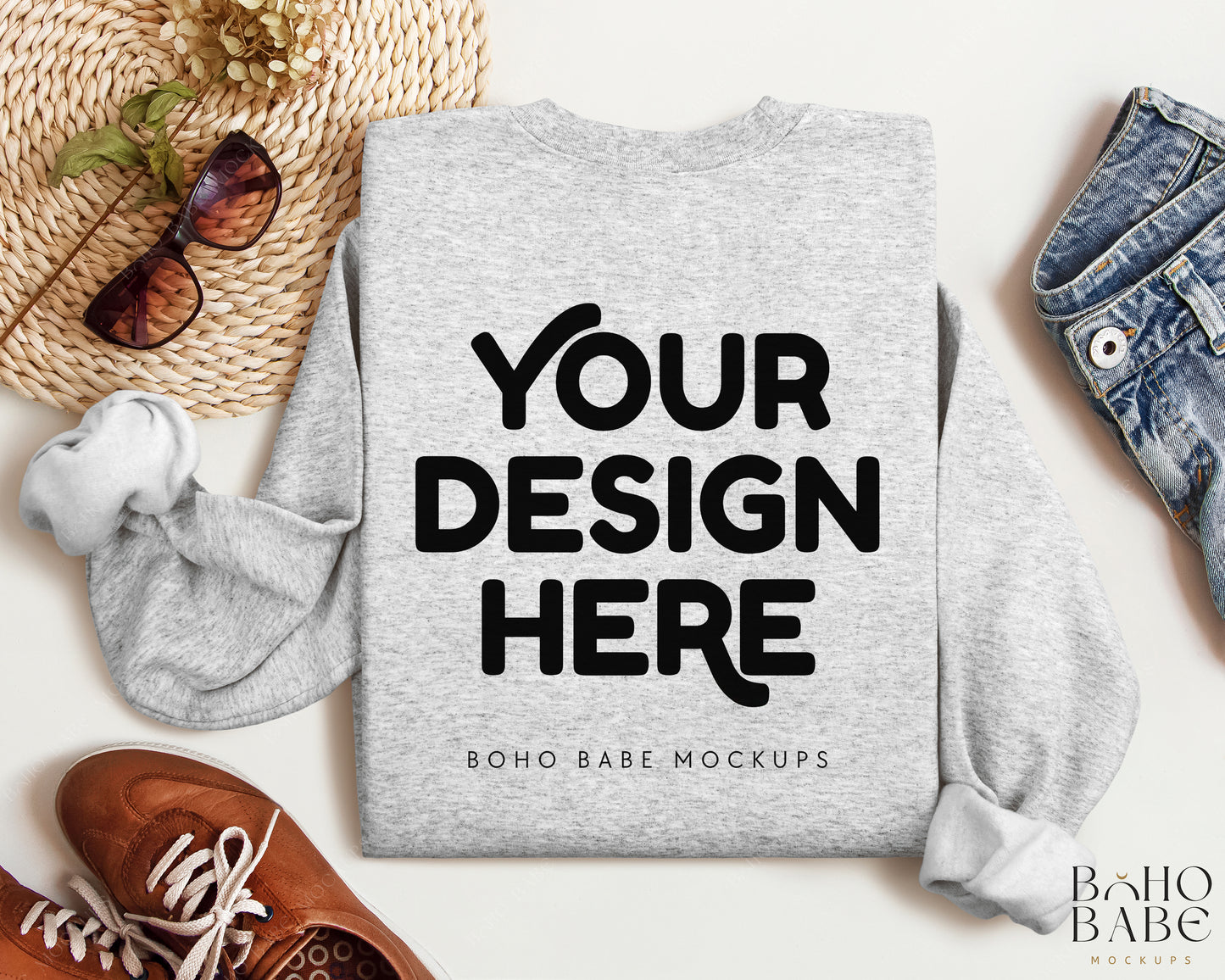 Gildan 18000 ASH Back of Sweatshirt Mockup | Boho Babe Folded Mockup Design Vol.2