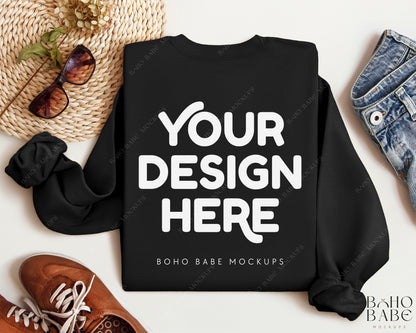 Gildan 18000 BLACK Back of Sweatshirt Mockup | Boho Babe Folded Mockup Design Vol.2