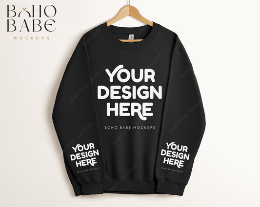 Gildan 18000 BLACK Sleeve Sweatshirt Mockup | Boho Babe Hanging Mockup Design - Vol.5