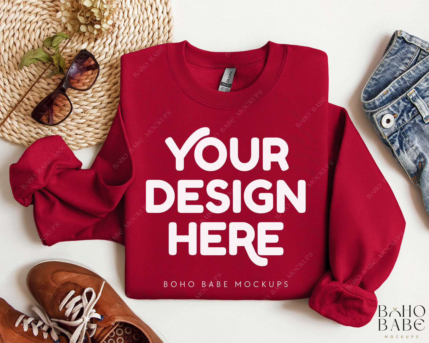 Gildan 18000 CARDINAL RED Sweatshirt Mockup | Boho Design | Folded Vol.2