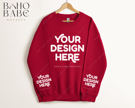 Gildan 18000 CARDINAL RED Sleeve Sweatshirt Mockup | Boho Babe Hanging Mockup Design - Vol.5