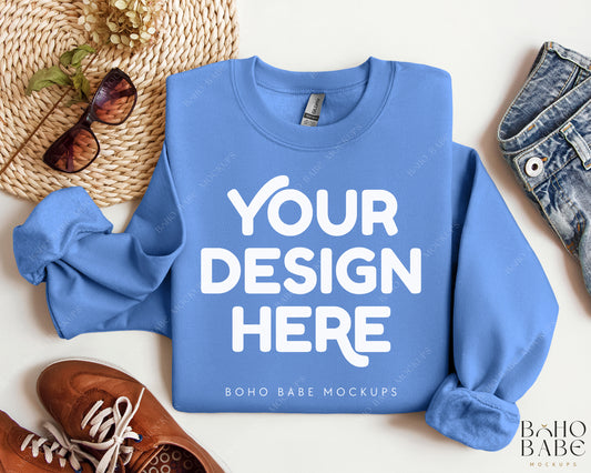 Gildan 18000 CAROLINA BLUE Sweatshirt Mockup | Boho Design | Folded Vol.2