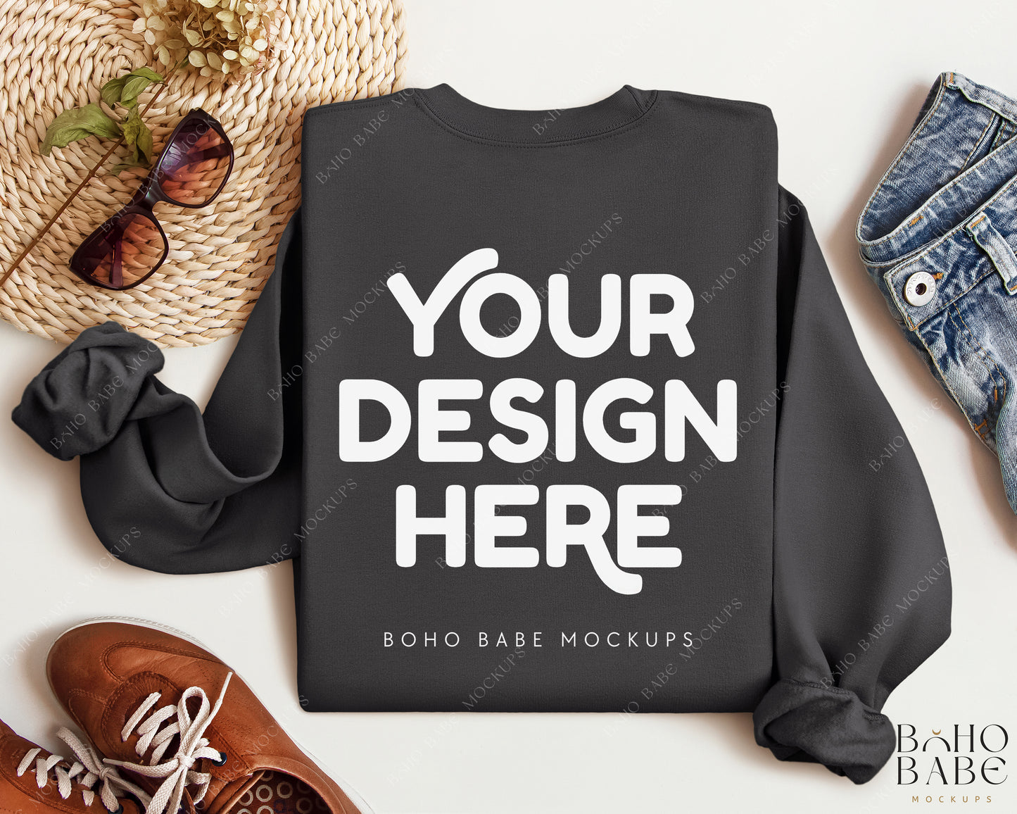 Gildan 18000 CHARCOAL Back of Sweatshirt Mockup | Boho Babe Folded Mockup Design Vol.2