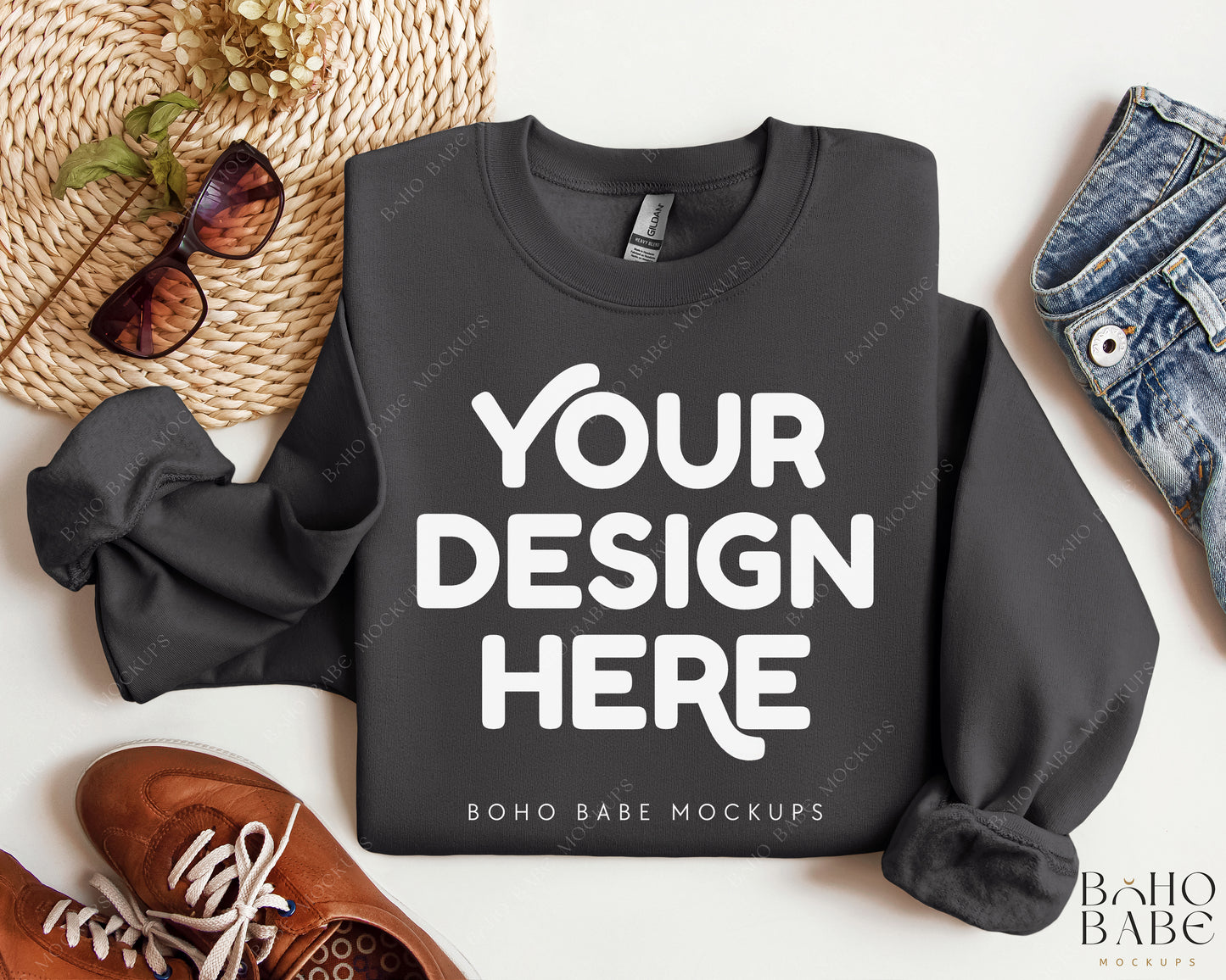 Gildan 18000 CHARCOAL Sweatshirt Mockup | Boho Design | Folded Vol.2