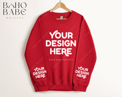 Gildan 18000 CHERRY RED Sleeve Sweatshirt Mockup | Boho Babe Hanging Mockup Design - Vol.5