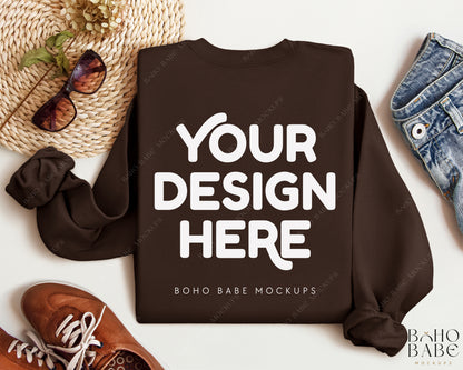 Gildan 18000 DARK CHOCOLATE Back of Sweatshirt Mockup | Boho Babe Folded Mockup Design Vol.2