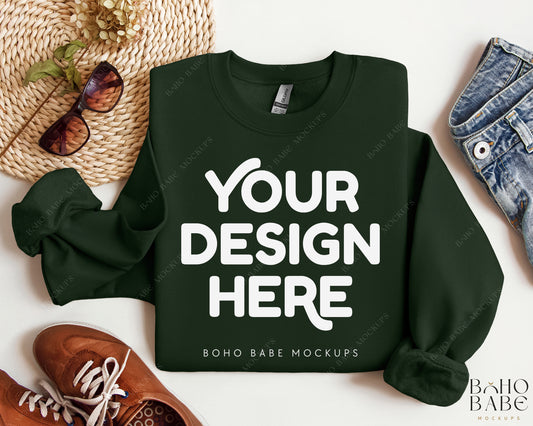 Gildan 18000 FOREST GREEN Sweatshirt Mockup | Boho Design | Folded Vol.2