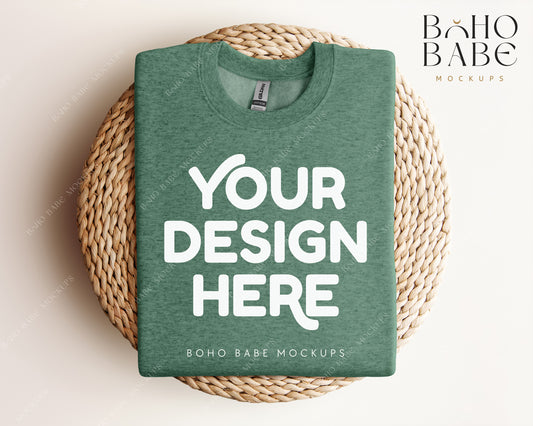 Gildan 18000 HEATHER SPORT DARK GREEN Sweatshirt Mockup | Boho Design | Folded Vol.1
