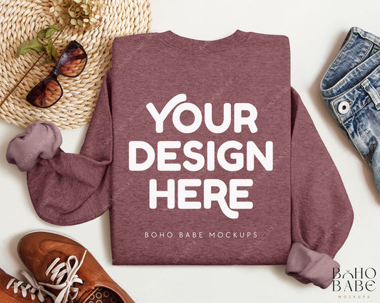 Gildan 18000 HEATHER SPORT DARK MAROON Back of Sweatshirt Mockup | Boho Babe Folded Mockup Design Vol.2