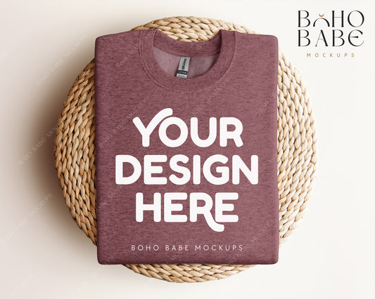Gildan 18000 HEATHER SPORT DARK MAROON Sweatshirt Mockup | Boho Design | Folded Vol.1