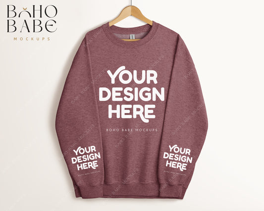 Gildan 18000 HEATHER SPORT DARK MAROON Sleeve Sweatshirt Mockup | Boho Babe Hanging Mockup Design - Vol.5