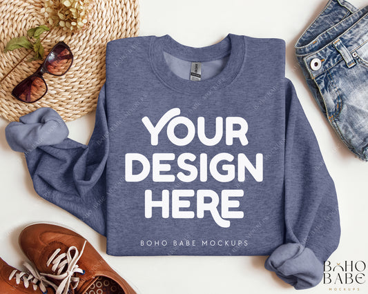 Gildan 18000 HEATHER SPORT DARK NAVY Sweatshirt Mockup | Boho Design | Folded Vol.2