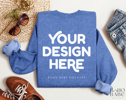 Gildan 18000 HEATHER SPORT ROYAL Back of Sweatshirt Mockup | Boho Babe Folded Mockup Design Vol.2