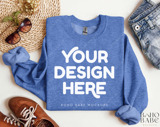 Gildan 18000 HEATHER SPORT ROYAL Sweatshirt Mockup | Boho Design | Folded Vol.2