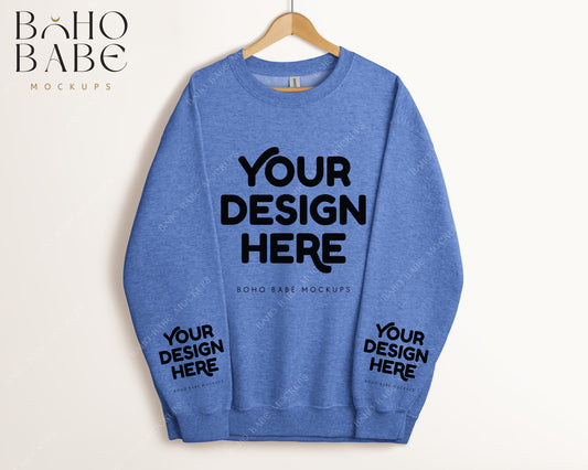 Gildan 18000 HEATHER SPORT ROYAL Sleeve Sweatshirt Mockup | Boho Babe Hanging Mockup Design - Vol.5