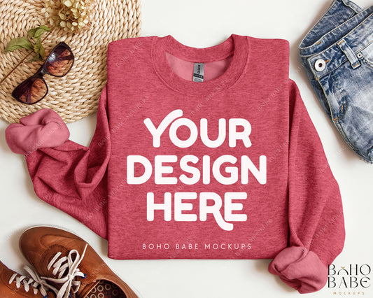 Gildan 18000 HEATHER SPORT SCARLET RED Sweatshirt Mockup | Boho Design | Folded Vol.2