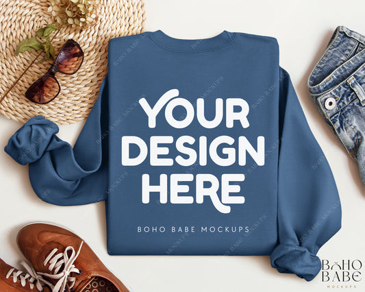 Gildan 18000 INDIGO BLUE Back of Sweatshirt Mockup | Boho Babe Folded Mockup Design Vol.2