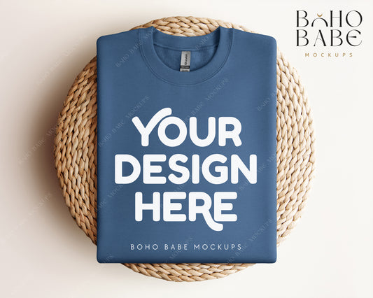 Gildan 18000 INDIGO BLUE Sweatshirt Mockup | Boho Design | Folded Vol.1