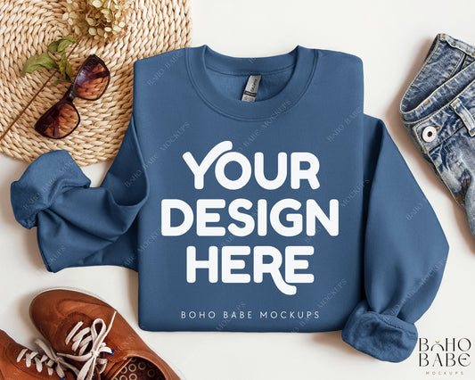 Gildan 18000 INDIGO BLUE Sweatshirt Mockup | Boho Design | Folded Vol.2