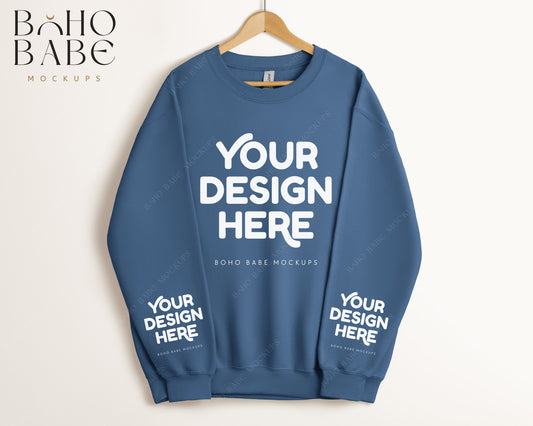 Gildan 18000 INDIGO BLUE Sleeve Sweatshirt Mockup | Boho Babe Hanging Mockup Design - Vol.5