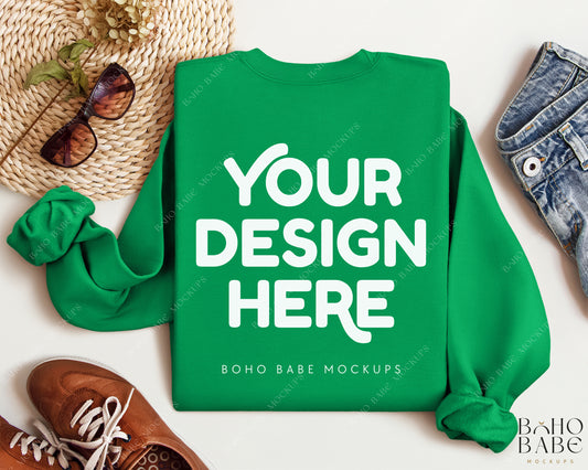 Gildan 18000 IRISH GREEN Back of Sweatshirt Mockup | Boho Babe Folded Mockup Design Vol.2