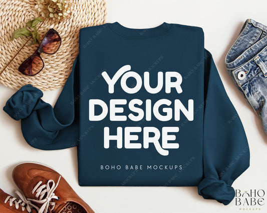 Gildan 18000 LEGION BLUE Back of Sweatshirt Mockup | Boho Babe Folded Mockup Design Vol.2