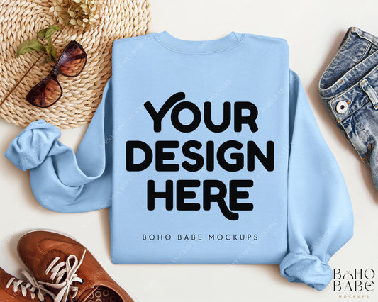 Gildan 18000 LIGHT BLUE Back of Sweatshirt Mockup | Boho Babe Folded Mockup Design Vol.2