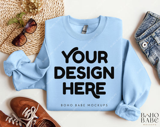 Gildan 18000 LIGHT BLUE Sweatshirt Mockup | Boho Design | Folded Vol.2