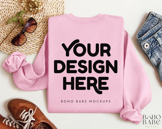 Gildan 18000 LIGHT PINK Back of Sweatshirt Mockup | Boho Babe Folded Mockup Design Vol.2