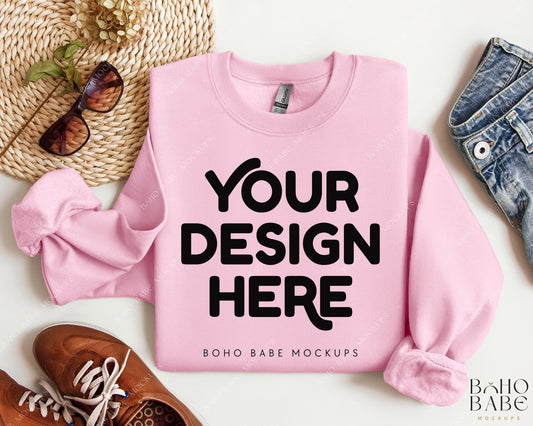 Gildan 18000 LIGHT PINK Sweatshirt Mockup | Boho Design | Folded Vol.2