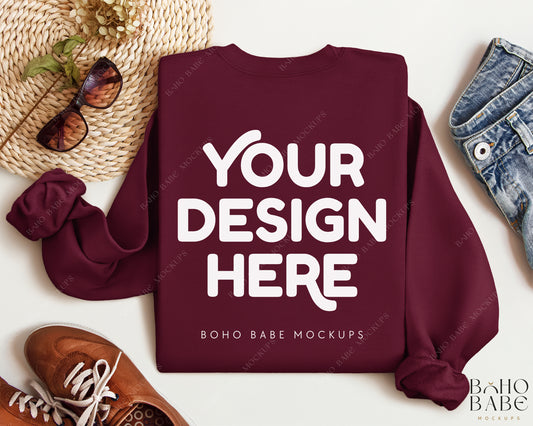 Gildan 18000 MAROON Back of Sweatshirt Mockup | Boho Babe Folded Mockup Design Vol.2