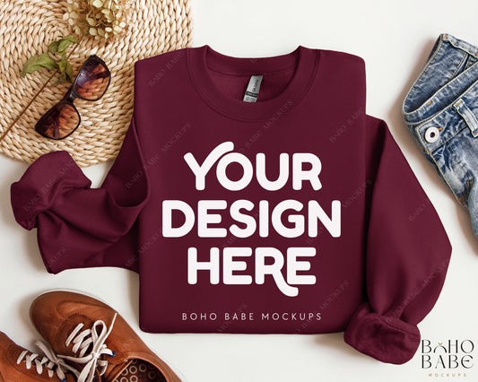 Gildan 18000 MAROON Sweatshirt Mockup | Boho Design | Folded Vol.2