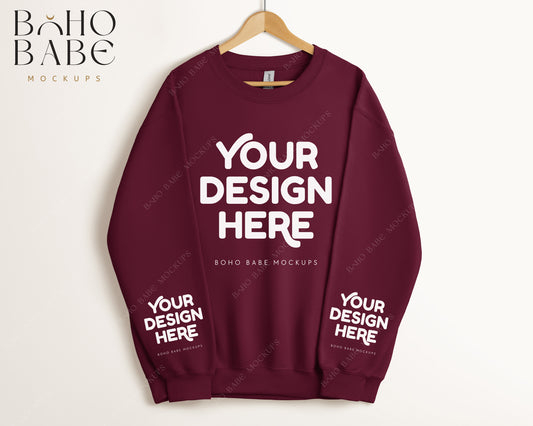 Gildan 18000 MAROON Sleeve Sweatshirt Mockup | Boho Babe Hanging Mockup Design - Vol.5