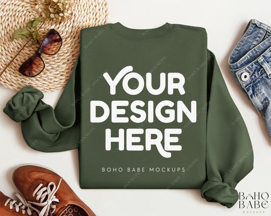 Gildan 18000 MILITARY GREEN Back of Sweatshirt Mockup | Boho Babe Folded Mockup Design Vol.2