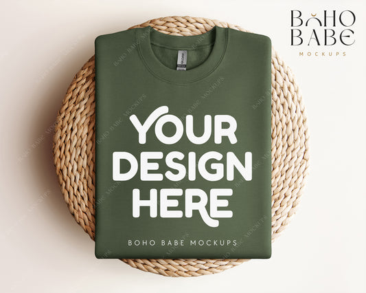 Gildan 18000 MILITARY GREEN Sweatshirt Mockup | Boho Design | Folded Vol.1
