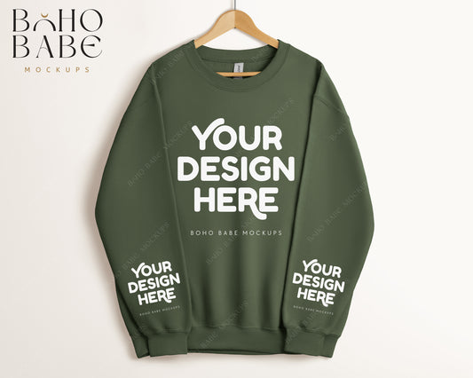 Gildan 18000 MILITARY GREEN Sleeve Sweatshirt Mockup | Boho Babe Hanging Mockup Design - Vol.5