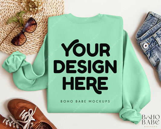 Gildan 18000 MINT GREEN Back of Sweatshirt Mockup | Boho Babe Folded Mockup Design Vol.2