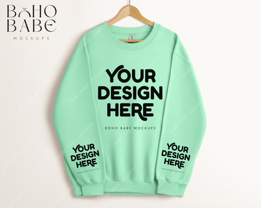 Gildan 18000 MINT GREEN Sleeve Sweatshirt Mockup | Boho Babe Hanging Mockup Design - Vol.5