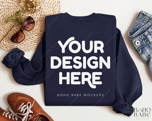 Gildan 18000 NAVY Back of Sweatshirt Mockup | Boho Babe Folded Mockup Design Vol.2