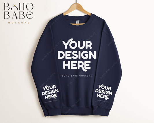 Gildan 18000 NAVY Sleeve Sweatshirt Mockup | Boho Babe Hanging Mockup Design - Vol.5