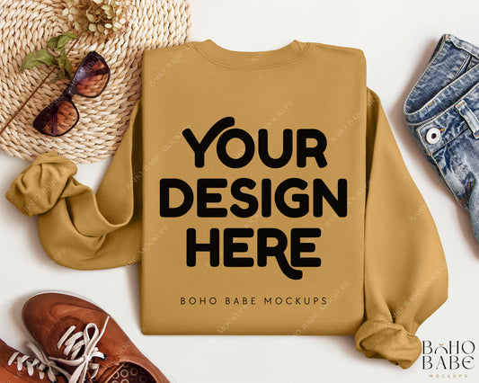 Gildan 18000 OLD GOLD Back of Sweatshirt Mockup | Boho Babe Folded Mockup Design Vol.2