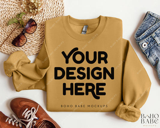 Gildan 18000 OLD GOLD Sweatshirt Mockup | Boho Design | Folded Vol.2