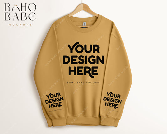 Gildan 18000 OLD GOLD Sleeve Sweatshirt Mockup | Boho Babe Hanging Mockup Design - Vol.5