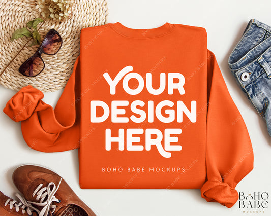 Gildan 18000 ORANGE Back of Sweatshirt Mockup | Boho Babe Folded Mockup Design Vol.2